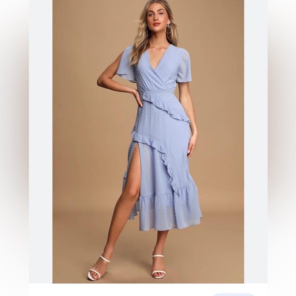Lulus Next to You Periwinkle Blue Swiss Dot Ruffled Midi Dress